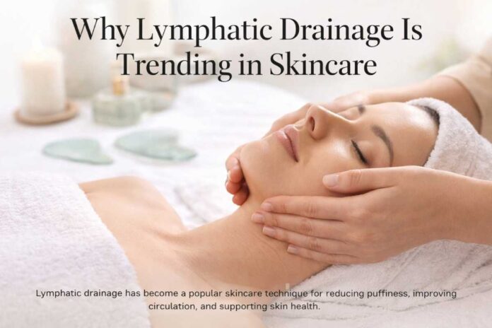 Facial lymphatic drainage skincare treatment with gentle massage in a calming spa setting.