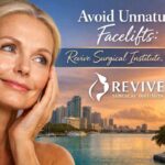 Avoid Unnatural Facelifts: Revive Surgical Institute, Miami Middle-aged woman with smooth, natural-looking skin against the Miami skyline promoting natural facelift procedures at Revive Surgical Institute.