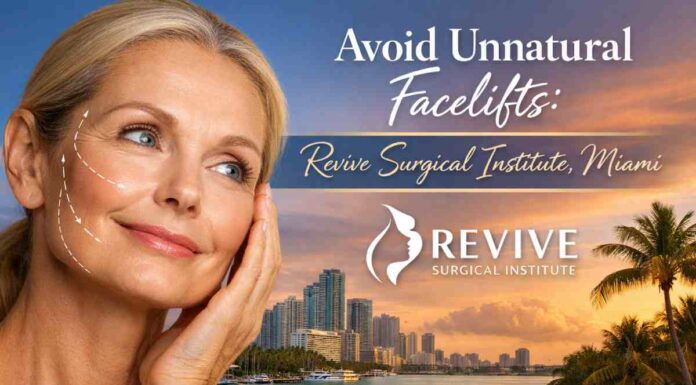 Avoid Unnatural Facelifts: Revive Surgical Institute, Miami Middle-aged woman with smooth, natural-looking skin against the Miami skyline promoting natural facelift procedures at Revive Surgical Institute.