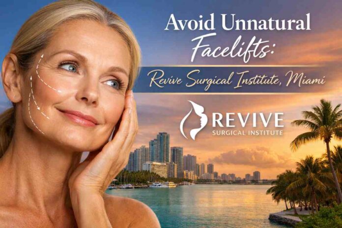 Avoid Unnatural Facelifts – Revive Surgical Institute, Miami Middle-aged woman with smooth, natural-looking skin against the Miami skyline promoting natural facelift procedures at Revive Surgical Institute.